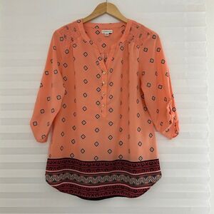 Croft & Barrow Womens Coral Pink Geometric Print Roll Tab Sleeve Blouse Large